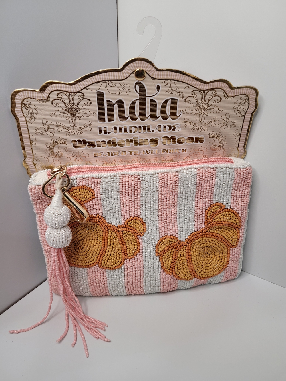 Made In Pink & White Beaded Travel Croissant Bread Pouch with Tassel